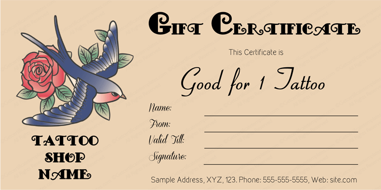 Tattoo Gift Certificate Template | Gift certificate template, Free gift  certificate template, Gift card template