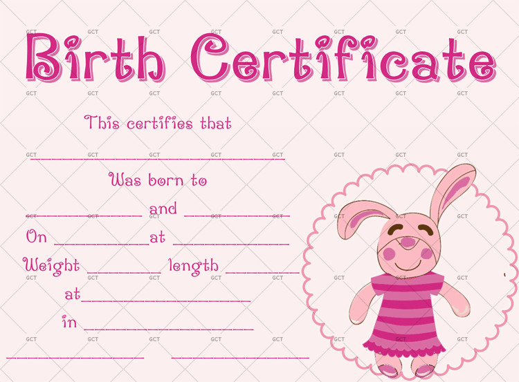 Birth Certificate Template Bunny GCT